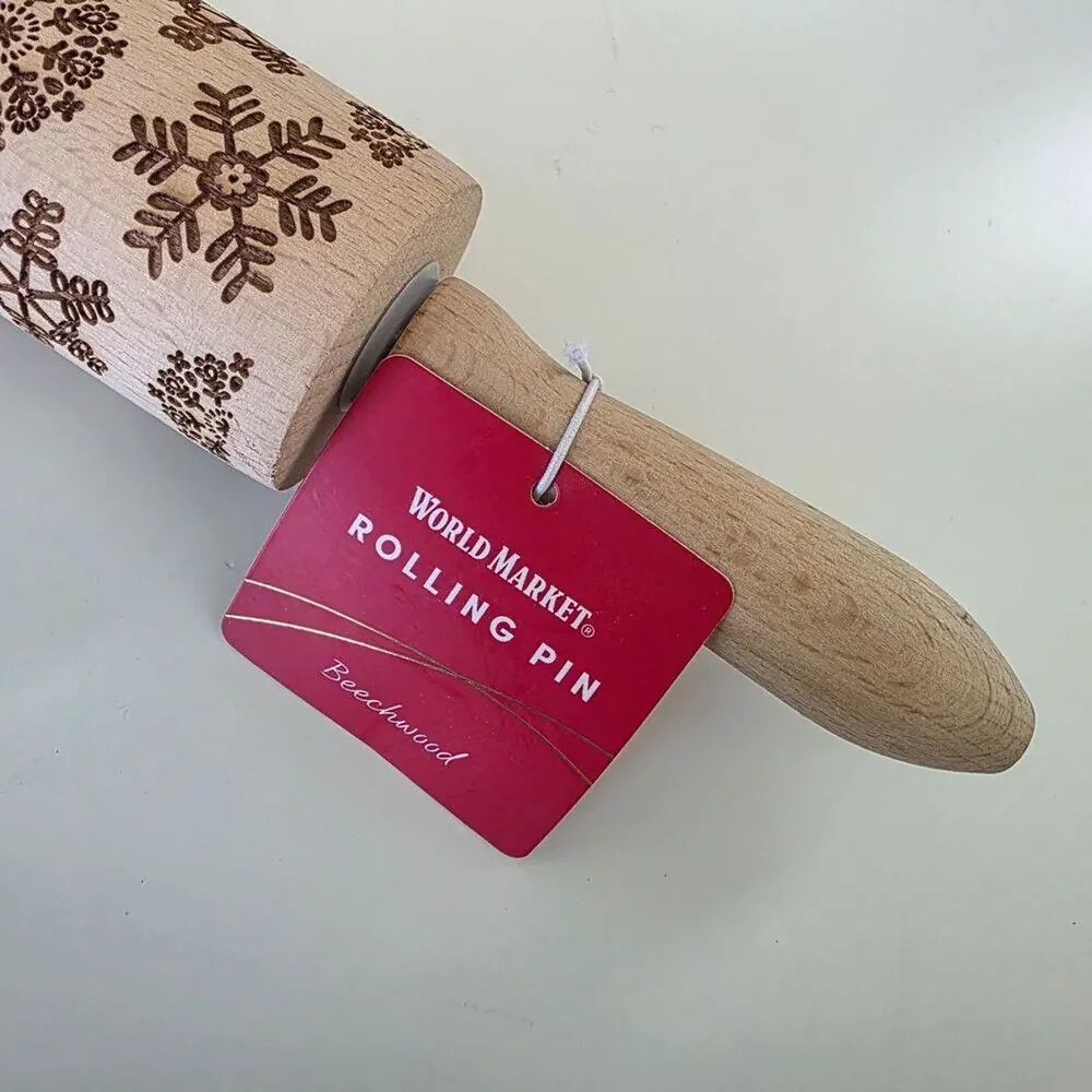 World Market Snowflake Embossed Wooden Rolling Pin Christmas Cookie Baking
